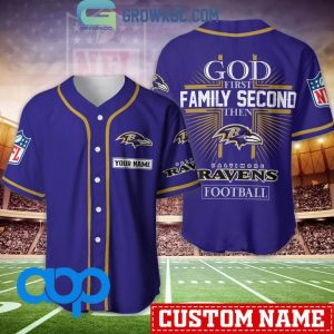 Baltimore Ravens NFL Personalized God First Family Second Baseball Jersey