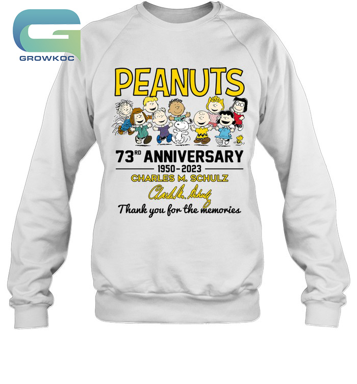 73 Years Of Peanuts 1950 2023 anniversary Charles M Schulz thank you for  the memories signature shirt, hoodie, sweatshirt and tank top