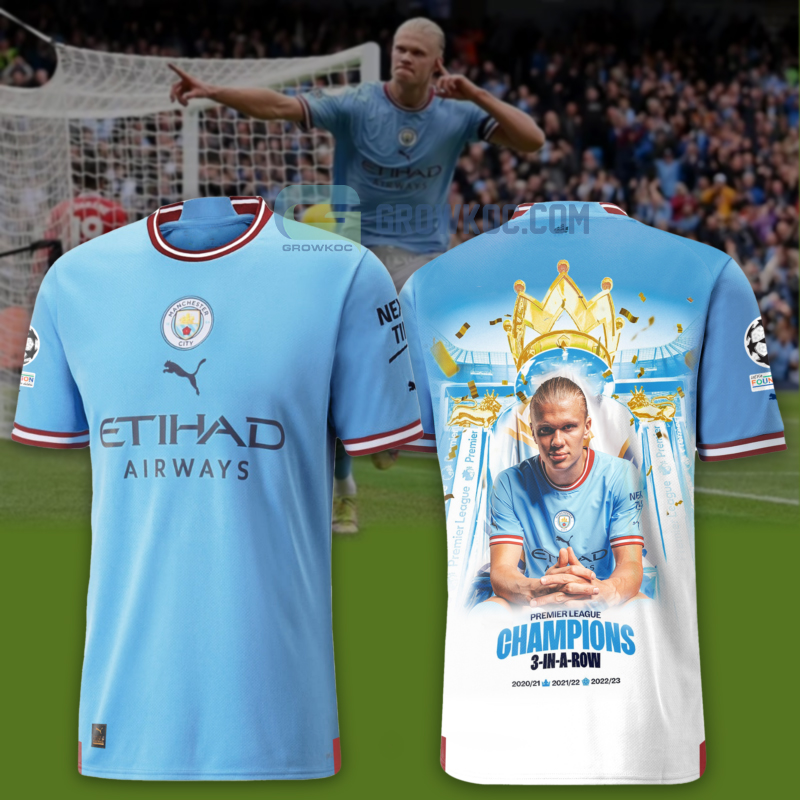 Manchester City Premier League Champions Erling Haaland 3 In Row T-Shirt