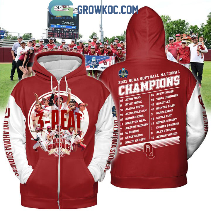 2023 Softball Champions 3 Peat Oklahoma Sooners Red Design Hoodie T Shirt
