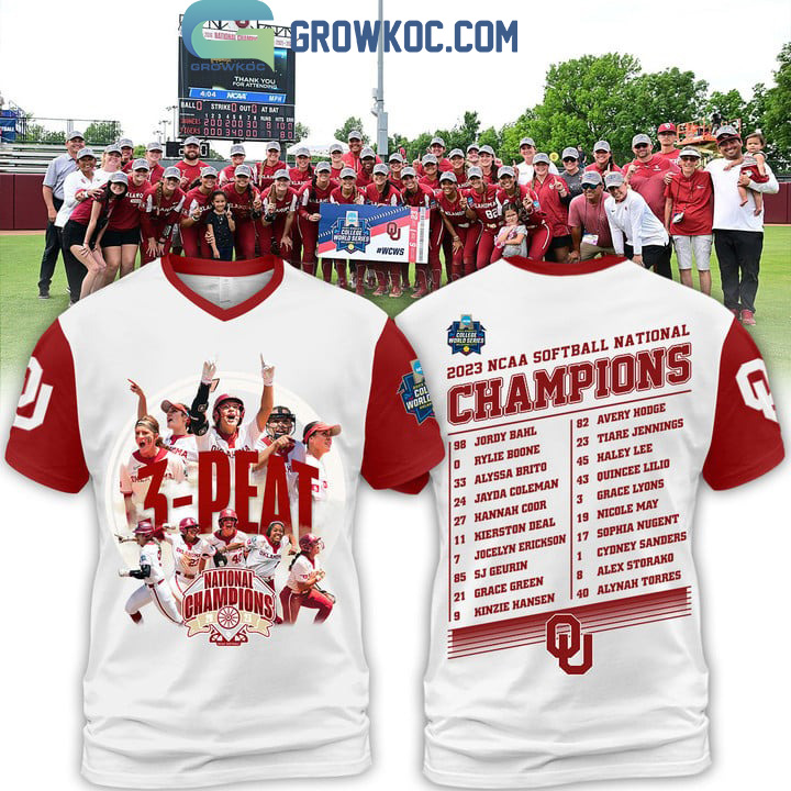 2023 Softball Champions 3 Peat Oklahoma Sooners White Design Hoodie T Shirt