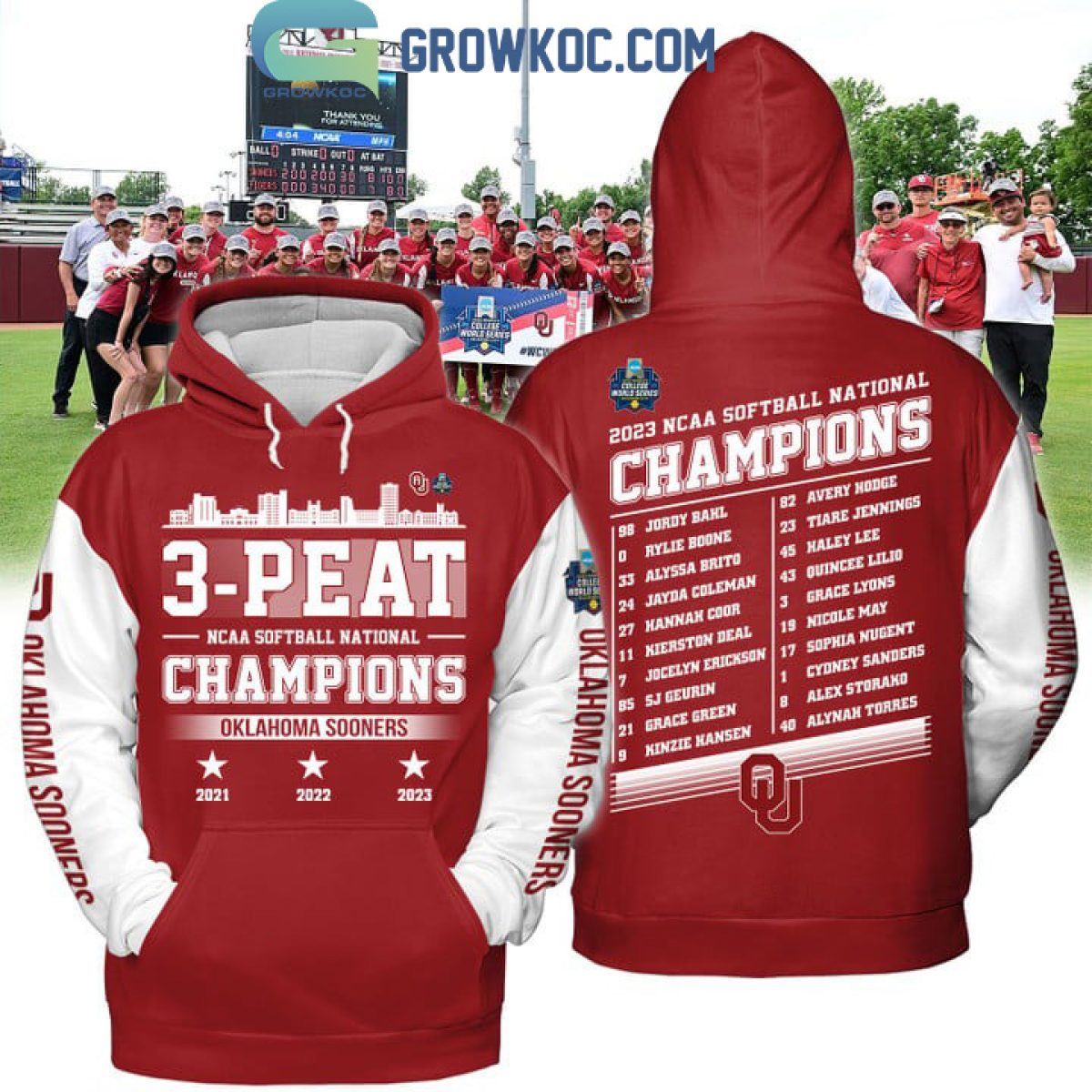 2023 Softball Champions 3 Peat Oklahoma Sooners White Design