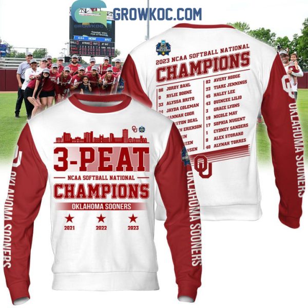 Oklahoma Sooners 3 Peat Softball Champions 21 22 23 White Design Hoodie T Shirt