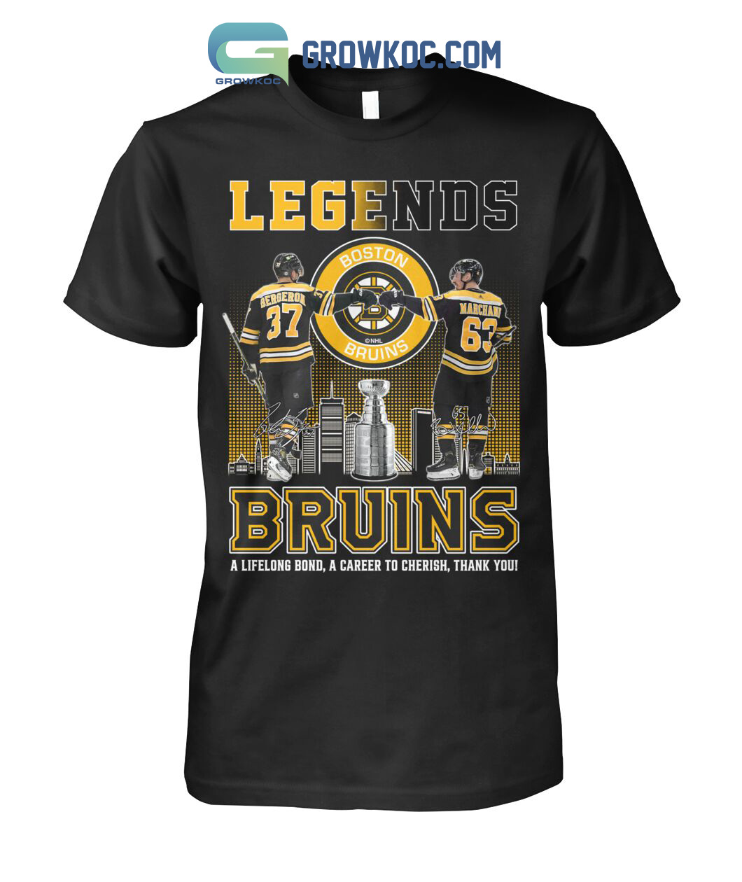 Legends Boston Bruins ice hockey 37 Patrice Bergeron and 63 Brad Marchand  signatures shirt, hoodie, sweater, long sleeve and tank top