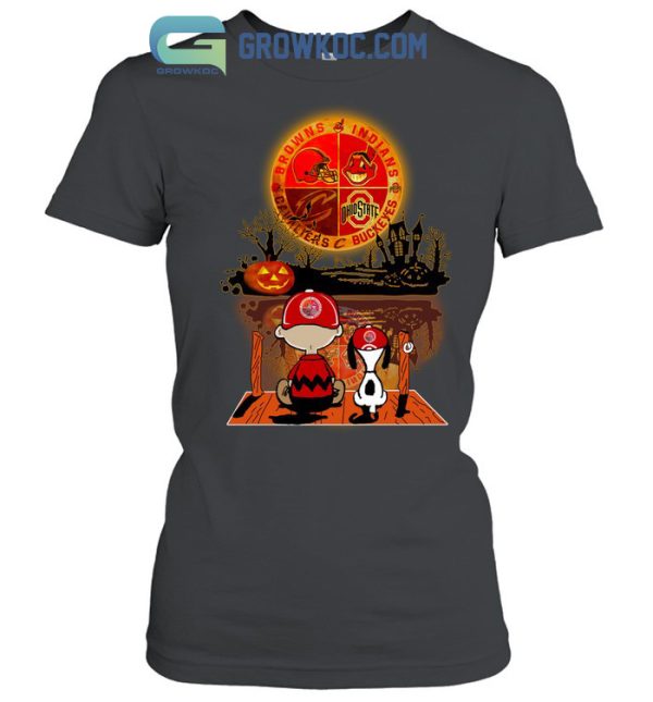 Peanuts Snoopy Halloween Cleveland Browns Indians Cavaliers And Buckeyes T Shirt