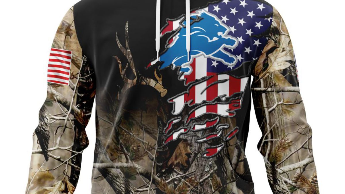 NFL Detroit Lions Crewneck Sweatshirt USA Flag Camo Realtree Hunting Show  Your Team Spirit