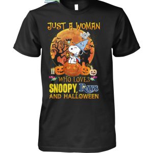Just A Woman Who Loves Snoopy Rays And Halloween T Shirt
