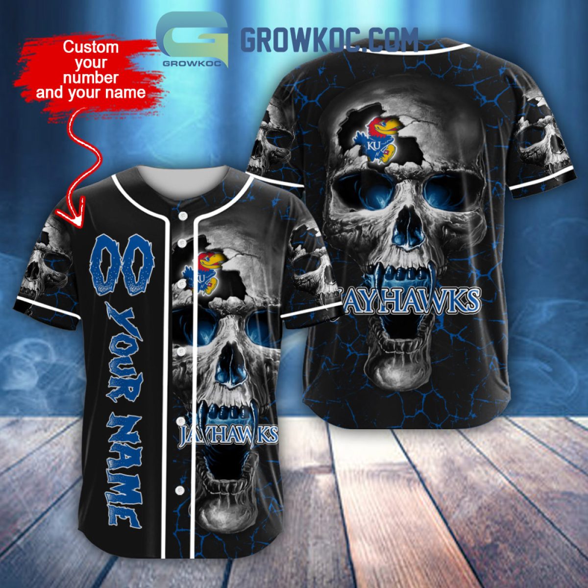 NCAA Kansas Jayhawks Personalized Skull Design Baseball Jersey - Growkoc