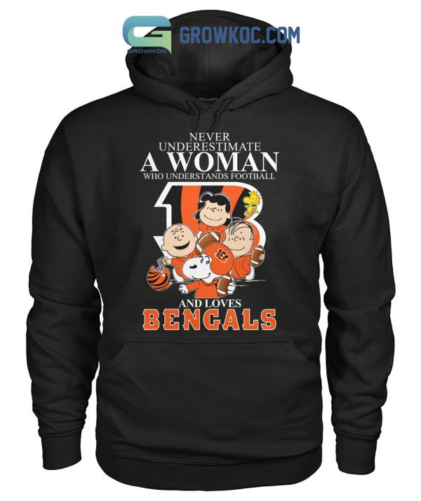 Never Underestimate A Woman Who Understands Football And Loves Bengals Mix Snoopy Peanuts Shirt Hoodie Sweater