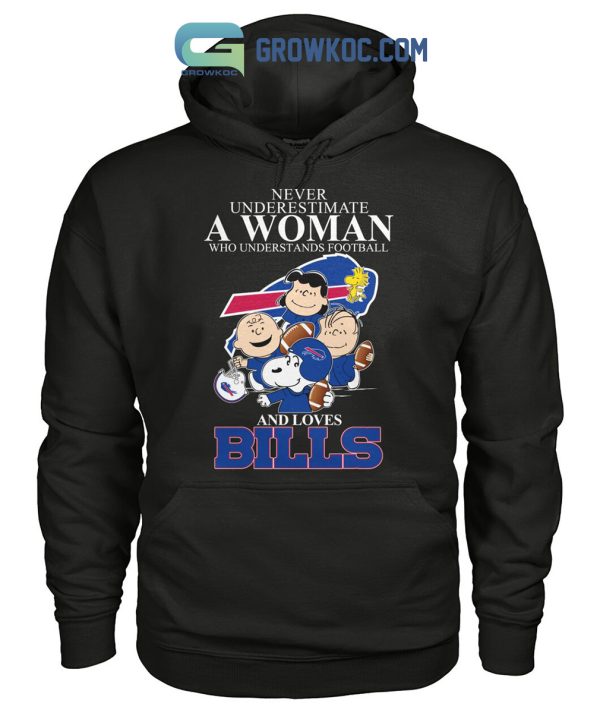 Never Underestimate A Woman Who Understands Football And Loves Bills Mix Snoopy Peanuts Shirt Hoodie Sweater