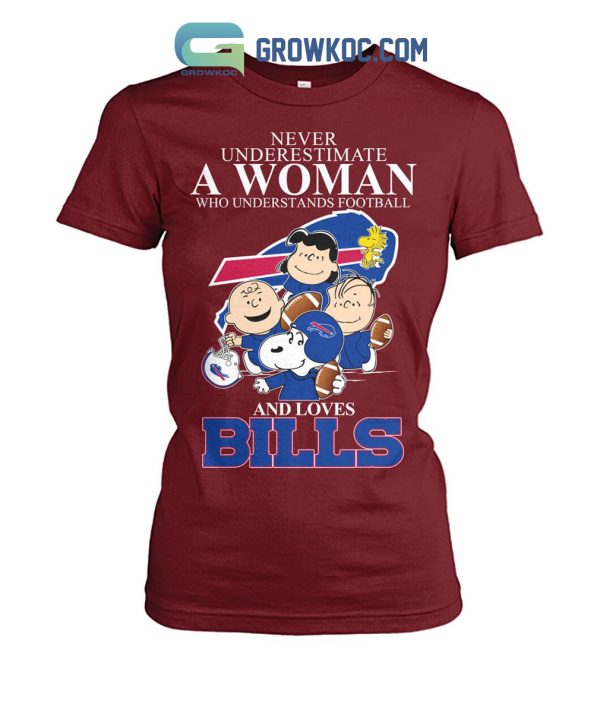 Never Underestimate A Woman Who Understands Football And Loves Bills Mix Snoopy Peanuts Shirt Hoodie Sweater