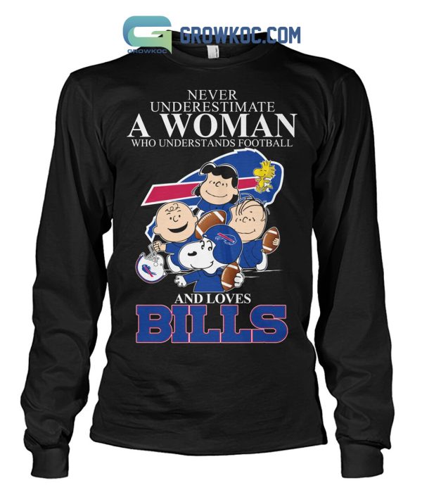 Never Underestimate A Woman Who Understands Football And Loves Bills Mix Snoopy Peanuts Shirt Hoodie Sweater