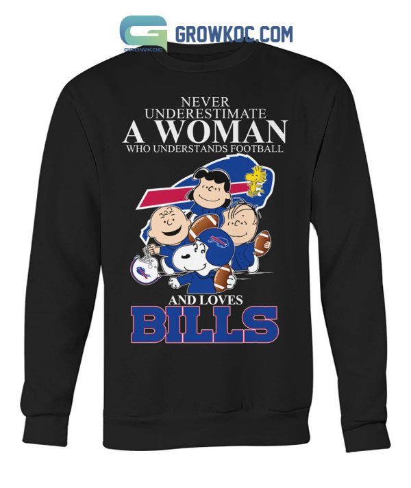 Never Underestimate A Woman Who Understands Football And Loves Bills Mix Snoopy Peanuts Shirt Hoodie Sweater