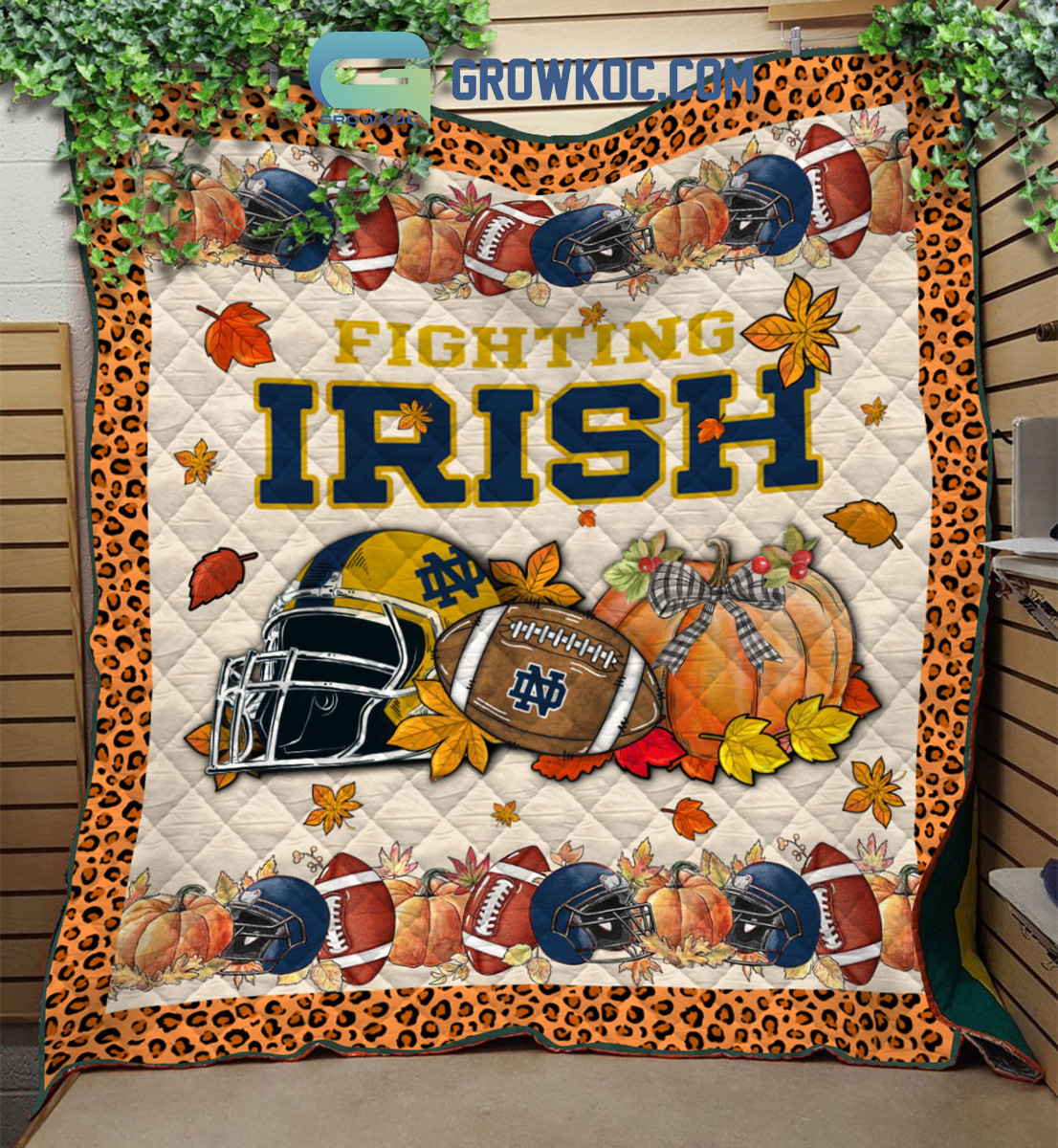 Notre Dame Fighting Irish NCAA Football Welcome Fall Pumpkin Halloween Fleece Blanket Quilt