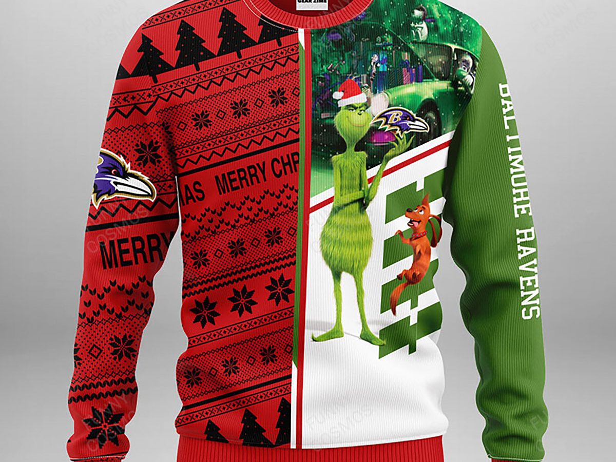 Baltimore Ravens Grinch & Scooby Doo Christmas Ugly Sweater - Growkoc