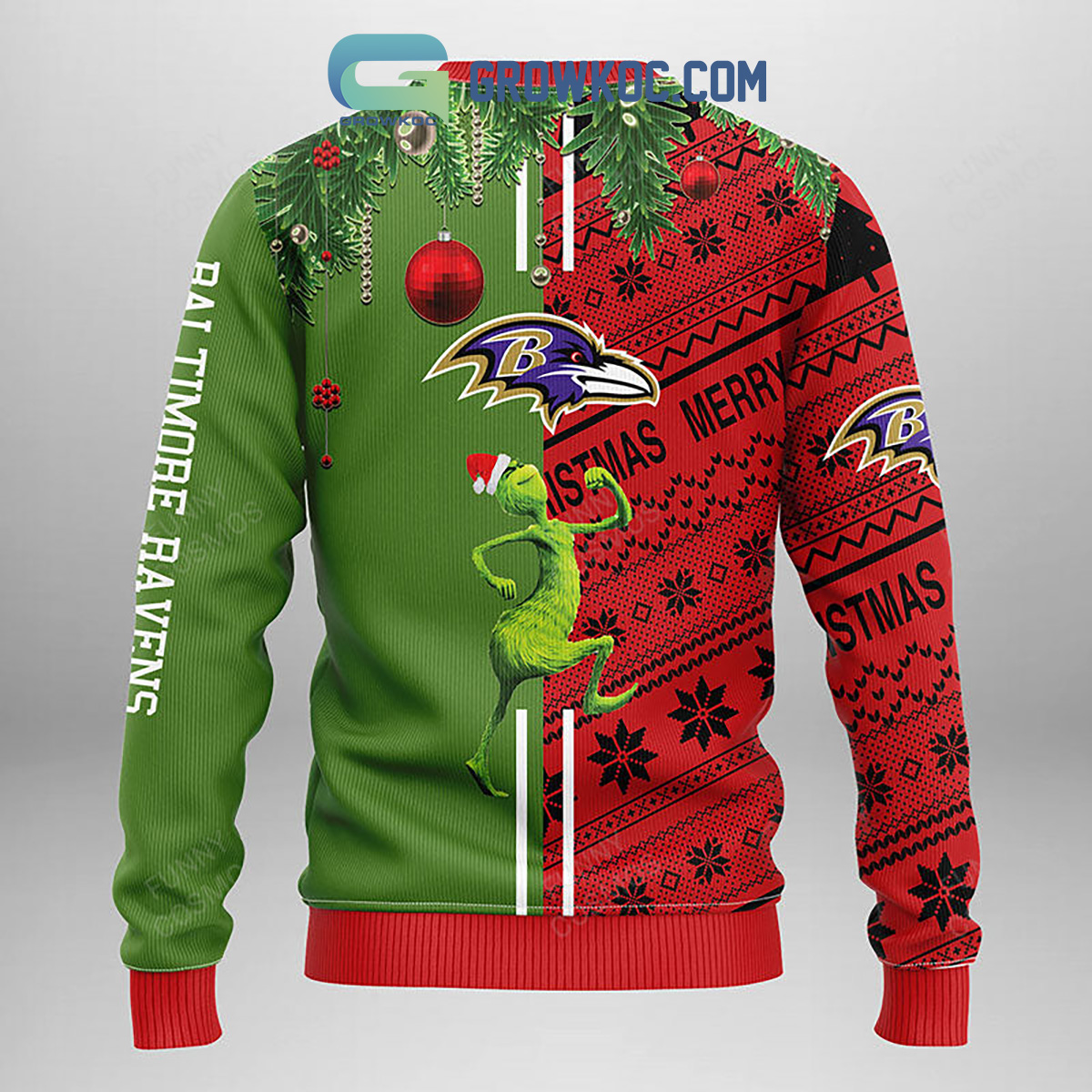 Baltimore Ravens Funny Grinch Christmas Ugly Sweater - Growkoc