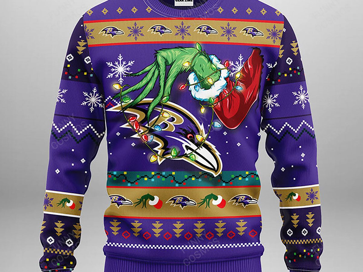 Baltimore Ravens Baby Groot And Grinch NFL Ugly Christmas Sweater - Tagotee