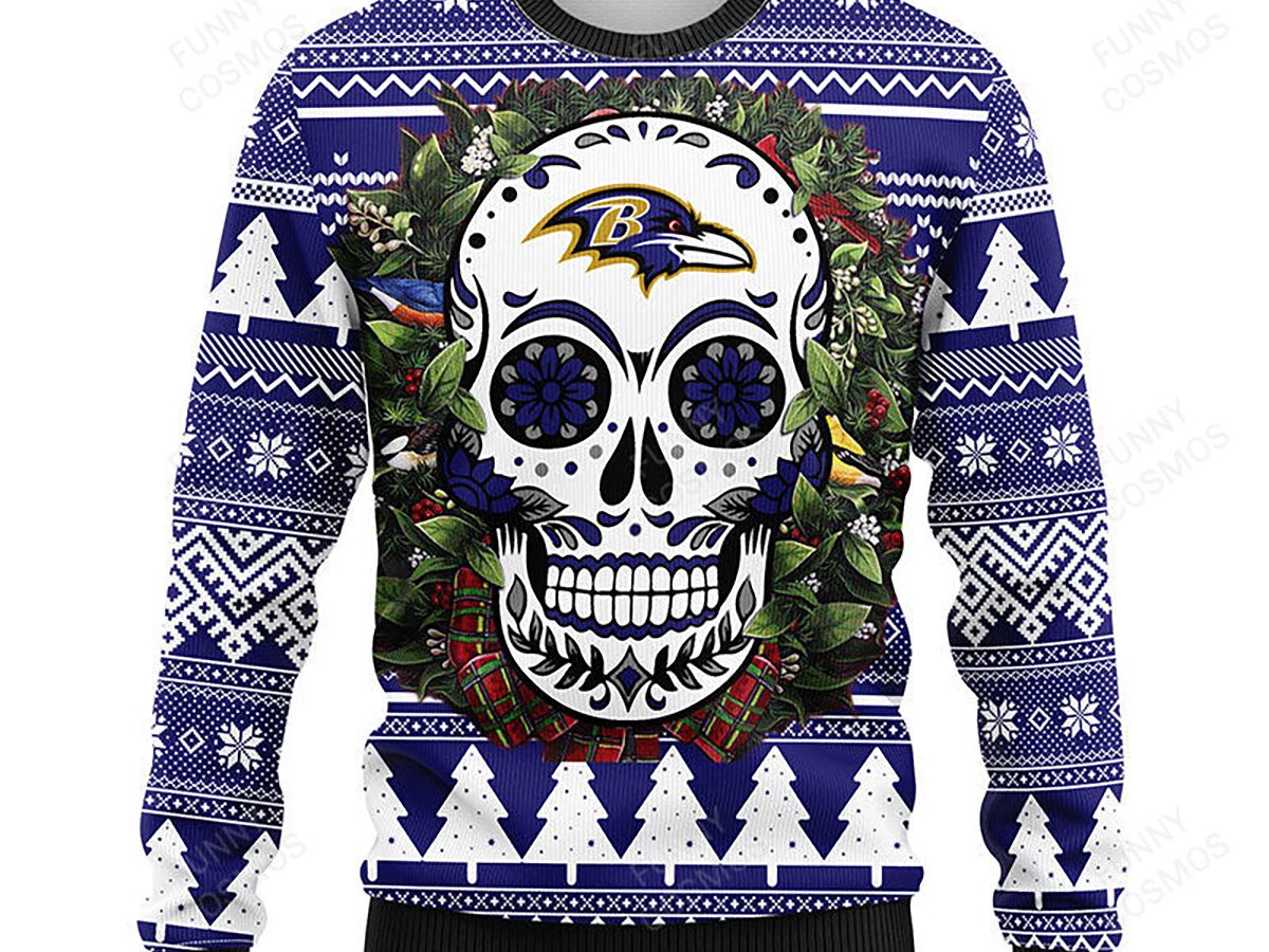 Baltimore Ravens Christmas Skull Sweater Wintertime Unisex Ugly Lover  Christmas - YesItCustom