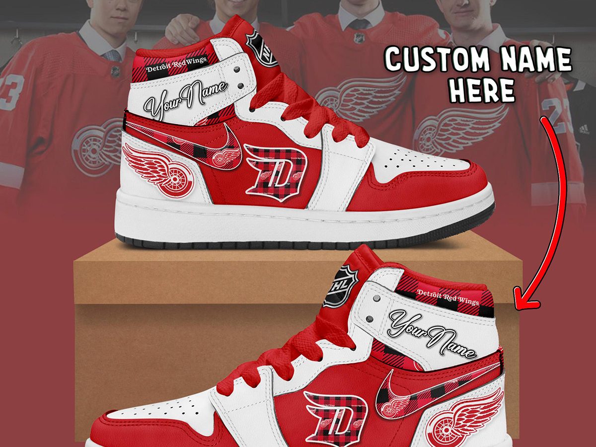 Best NHL Detroit Red Wings Custom Name Paint Stain Air Jordan 13 Sneakers