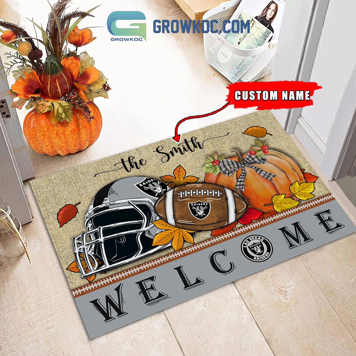 Las Vegas Raiders NFL Welcome Fall Pumpkin Personalized Doormat