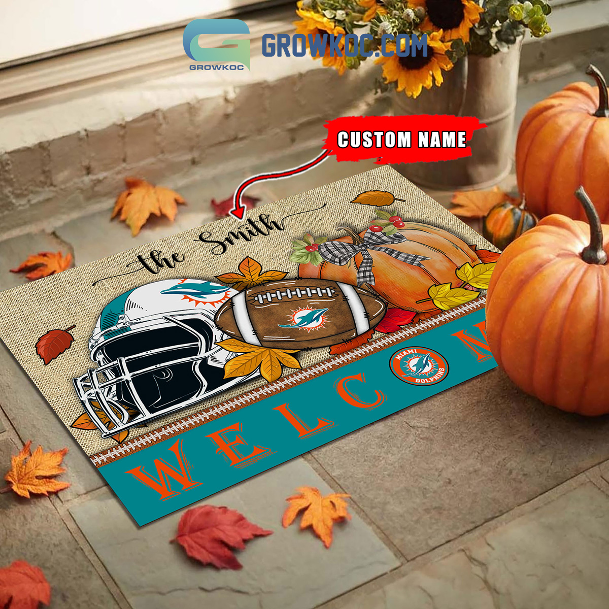 Miami Dolphins NFL Welcome Fall Pumpkin Personalized Doormat - Growkoc