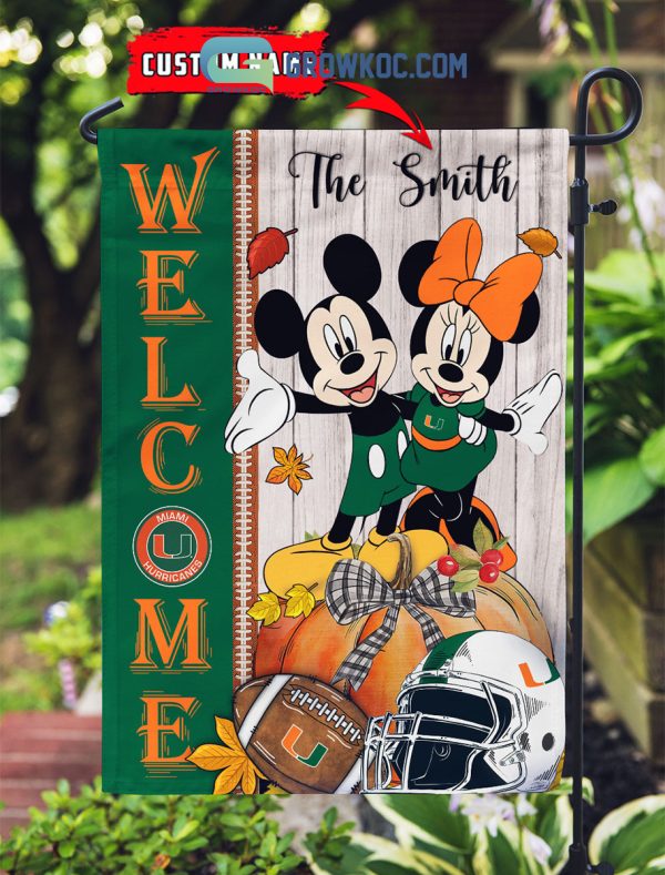 Miami Hurricanes NCAA Disney Mickey Minnie Welcome Fall Pumpkin Personalized House Garden Flag