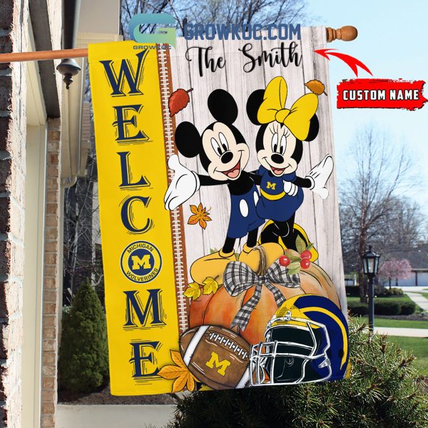 Michigan Wolverines NCAA Disney Mickey Minnie Welcome Fall Pumpkin Personalized House Garden Flag
