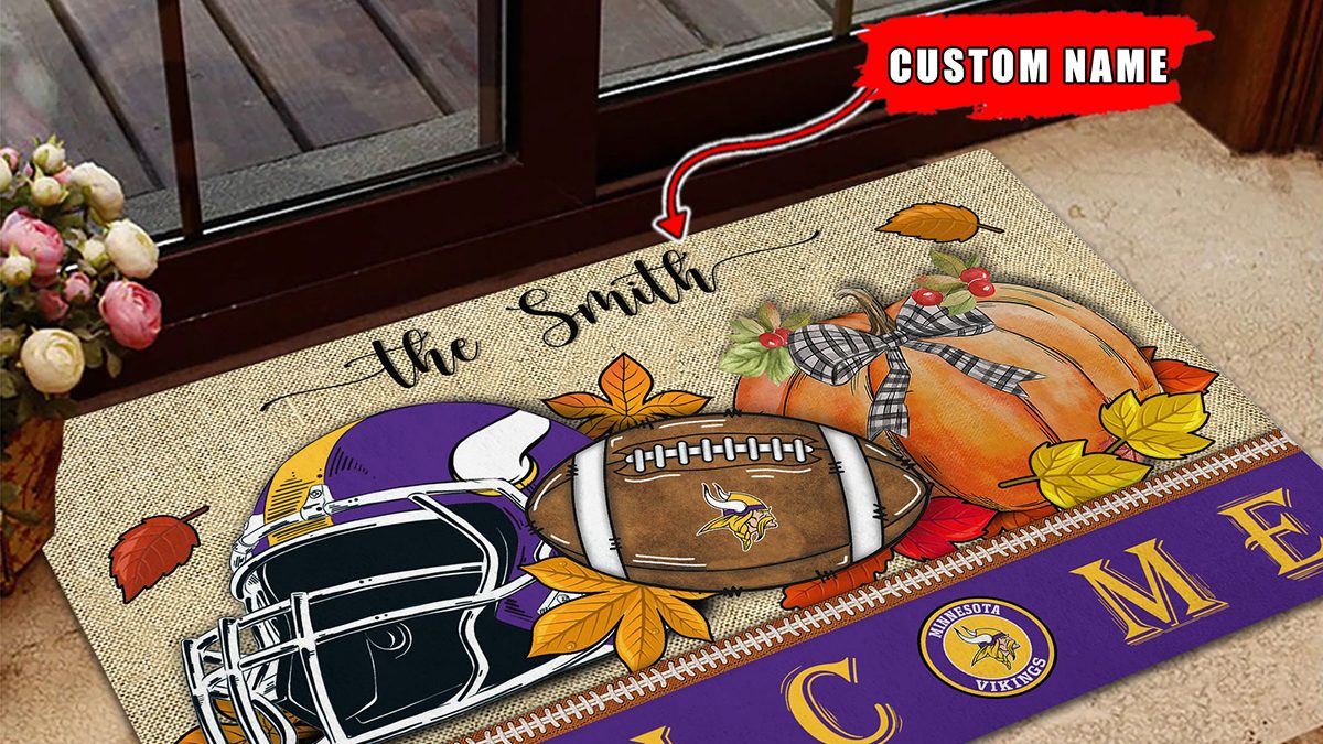 Minnesota Vikings NFL Welcome Fall Pumpkin Personalized Doormat - Growkoc