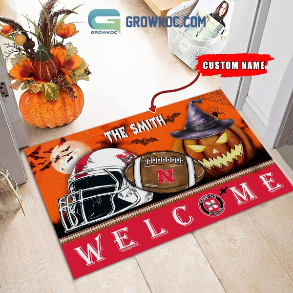 Nebraska Cornhuskers NCAA Football Welcome Halloween Personalized Doormat