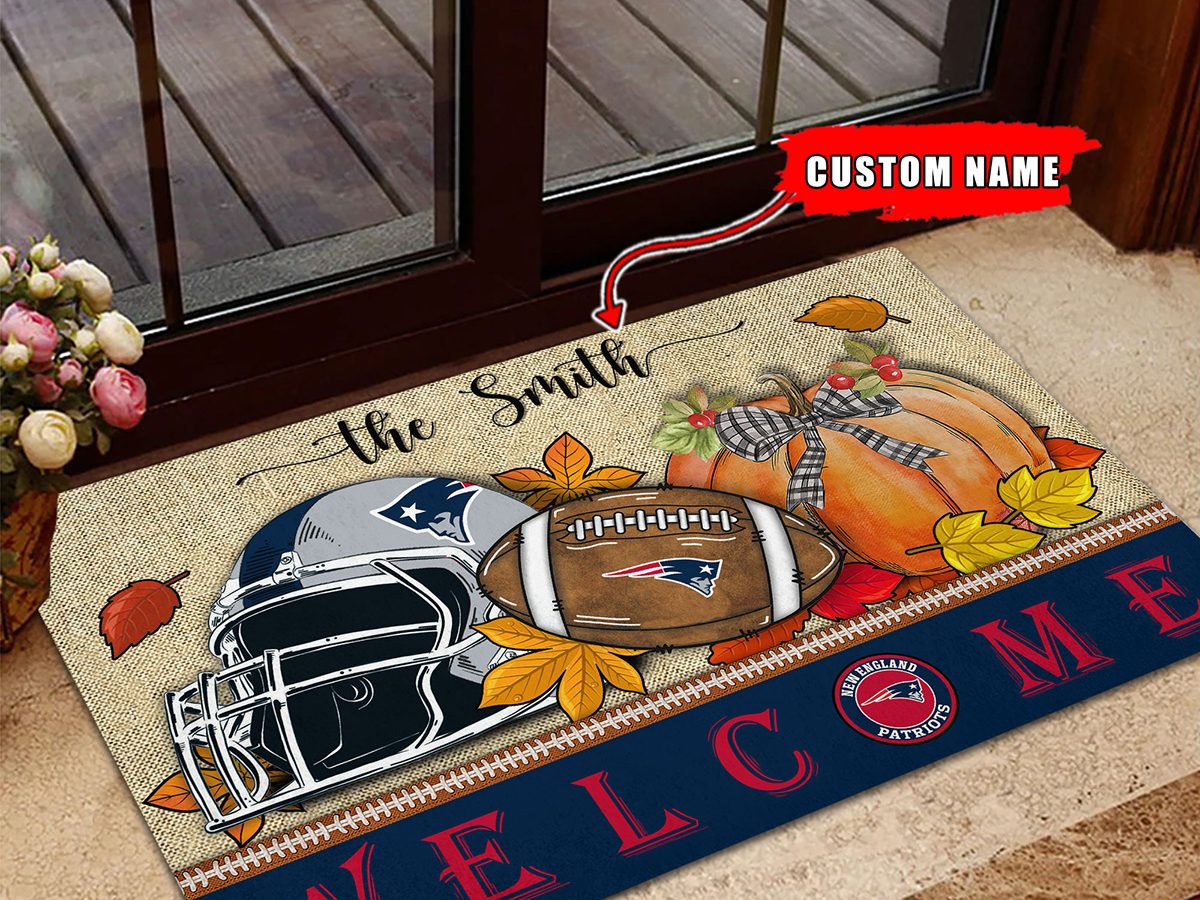 New England Patriots NFL Welcome Fall Pumpkin Personalized Doormat - Growkoc