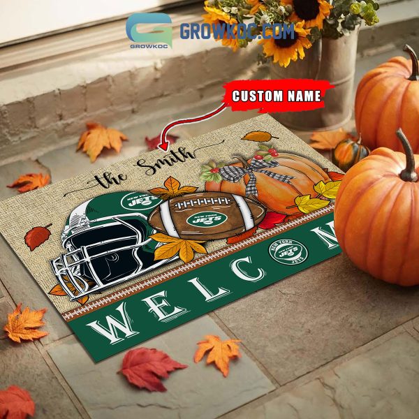 New York Jets NFL Welcome Fall Pumpkin Personalized Doormat