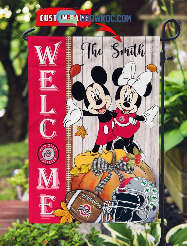 Ohio State Buckeyes NCAA Disney Mickey Minnie Welcome Fall Pumpkin Personalized House Garden Flag