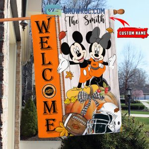 Oklahoma State Cowboys NCAA Disney Mickey Minnie Welcome Fall Pumpkin Personalized House Garden Flag