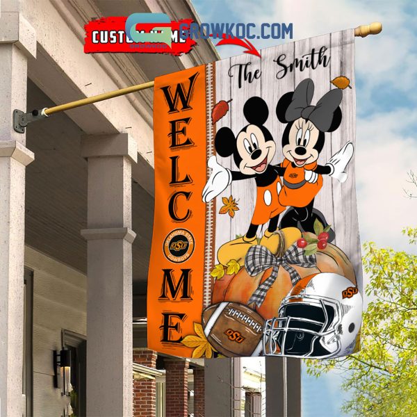 Oklahoma State Cowboys NCAA Disney Mickey Minnie Welcome Fall Pumpkin Personalized House Garden Flag