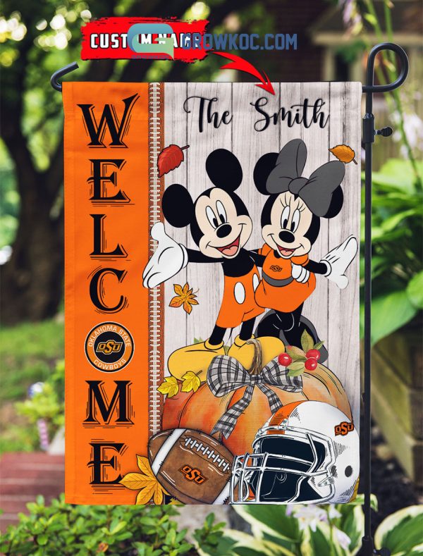 Oklahoma State Cowboys NCAA Disney Mickey Minnie Welcome Fall Pumpkin Personalized House Garden Flag