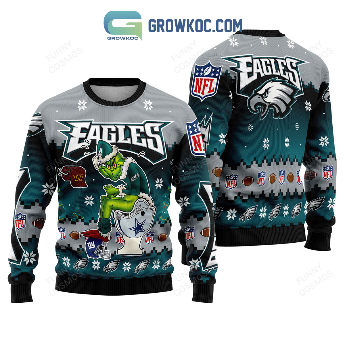 Philadelphia Eagles Grinch Toilet Redskins Cowboys NY Giants Christmas Ugly  Sweater - Growkoc