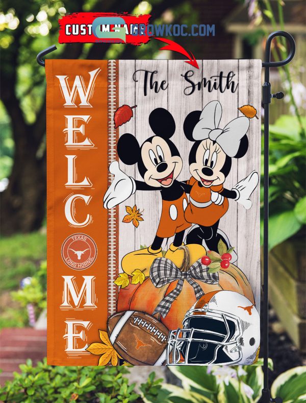 Texas Longhorns NCAA Disney Mickey Minnie Welcome Fall Pumpkin Personalized House Garden Flag