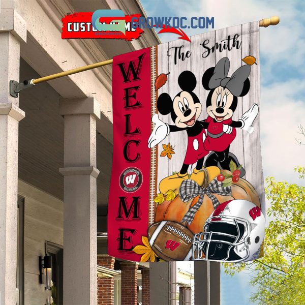Wisconsin Badgers NCAA Disney Mickey Minnie Welcome Fall Pumpkin Personalized House Garden Flag