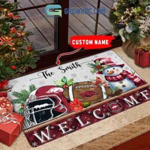 Arkansas Razorbacks Snowman Welcome Christmas Football Personalized Doormat