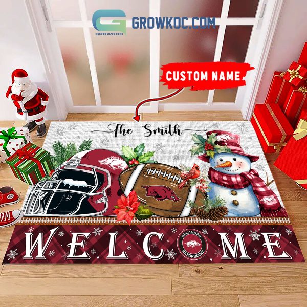 Arkansas Razorbacks Snowman Welcome Christmas Football Personalized Doormat