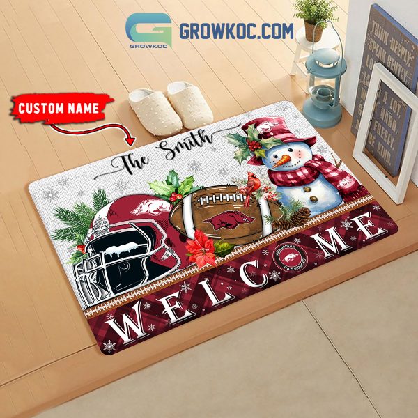 Arkansas Razorbacks Snowman Welcome Christmas Football Personalized Doormat