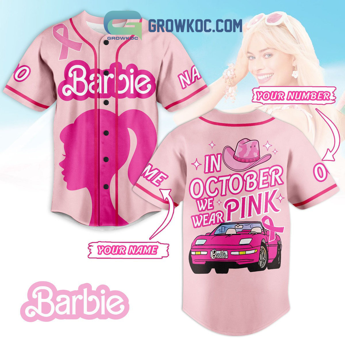 Personalized Hand In October We Wear Pink Breast Cancer Baseball Jerse