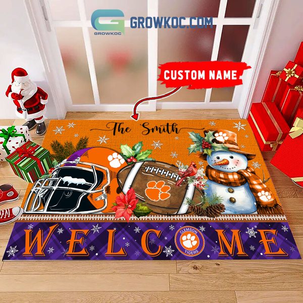 Clemson Tigers Snowman Welcome Christmas Football Personalized Doormat