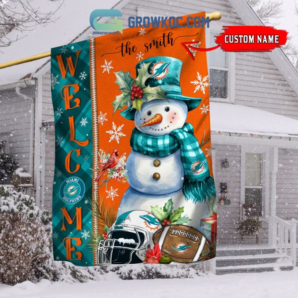 Miami Dolphins Football Snowman Welcome Christmas Personalized House Gargen Flag