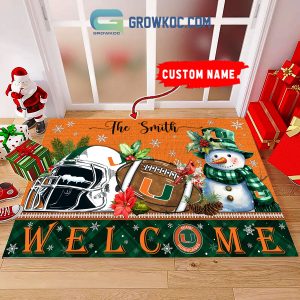 Miami Hurricanes  Snowman Welcome Christmas Football Personalized Doormat