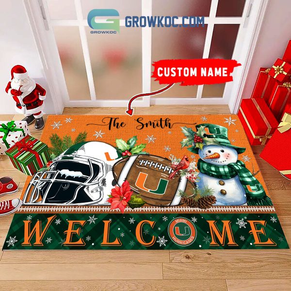 Miami Hurricanes  Snowman Welcome Christmas Football Personalized Doormat