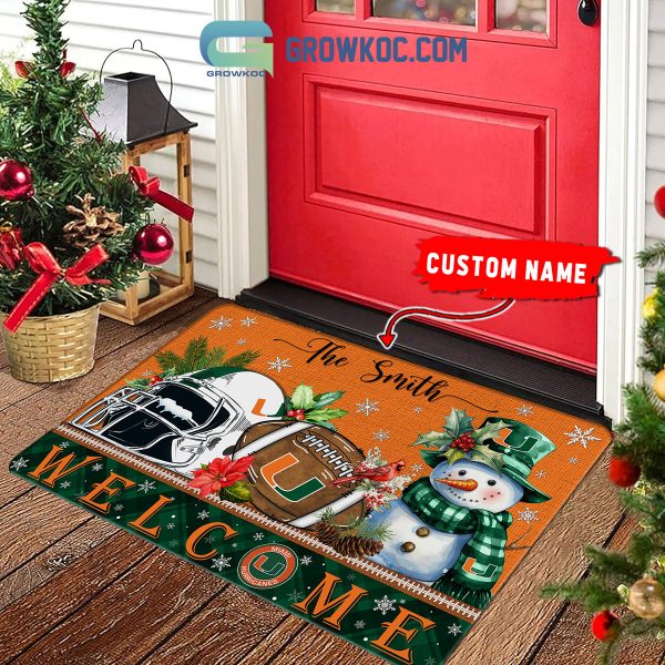 Miami Hurricanes  Snowman Welcome Christmas Football Personalized Doormat