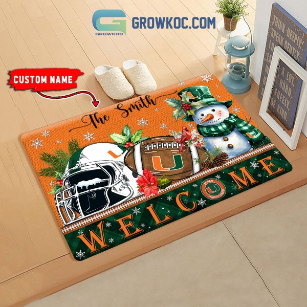 Miami Hurricanes  Snowman Welcome Christmas Football Personalized Doormat