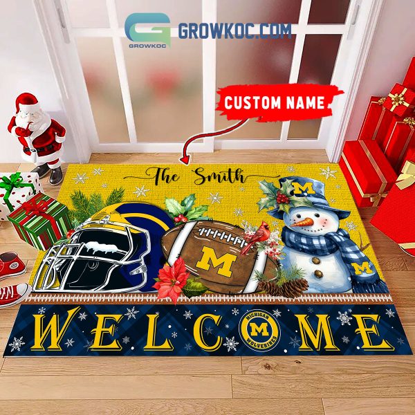 Michigan Wolverines Snowman Welcome Christmas Football Personalized Doormat