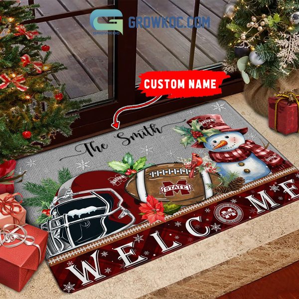 Mississippi State Bulldogs Snowman Welcome Christmas Football Personalized Doormat